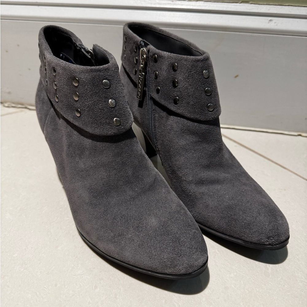 Gray Suede Ankle Boots with Studded Cuff